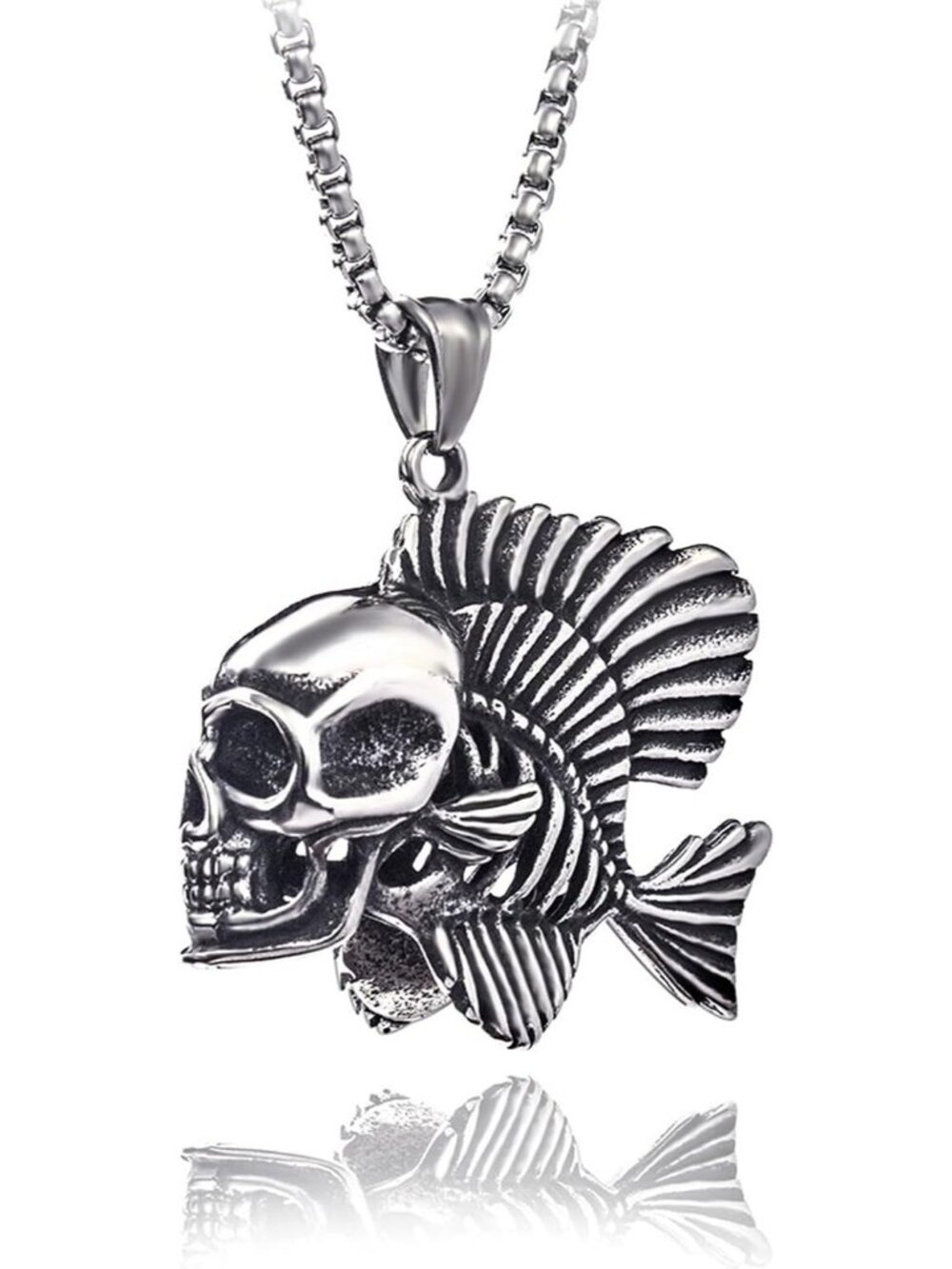 Women's Headed Fish Gothic Skull Necklace Stainless Steel 3d Pendant Moon